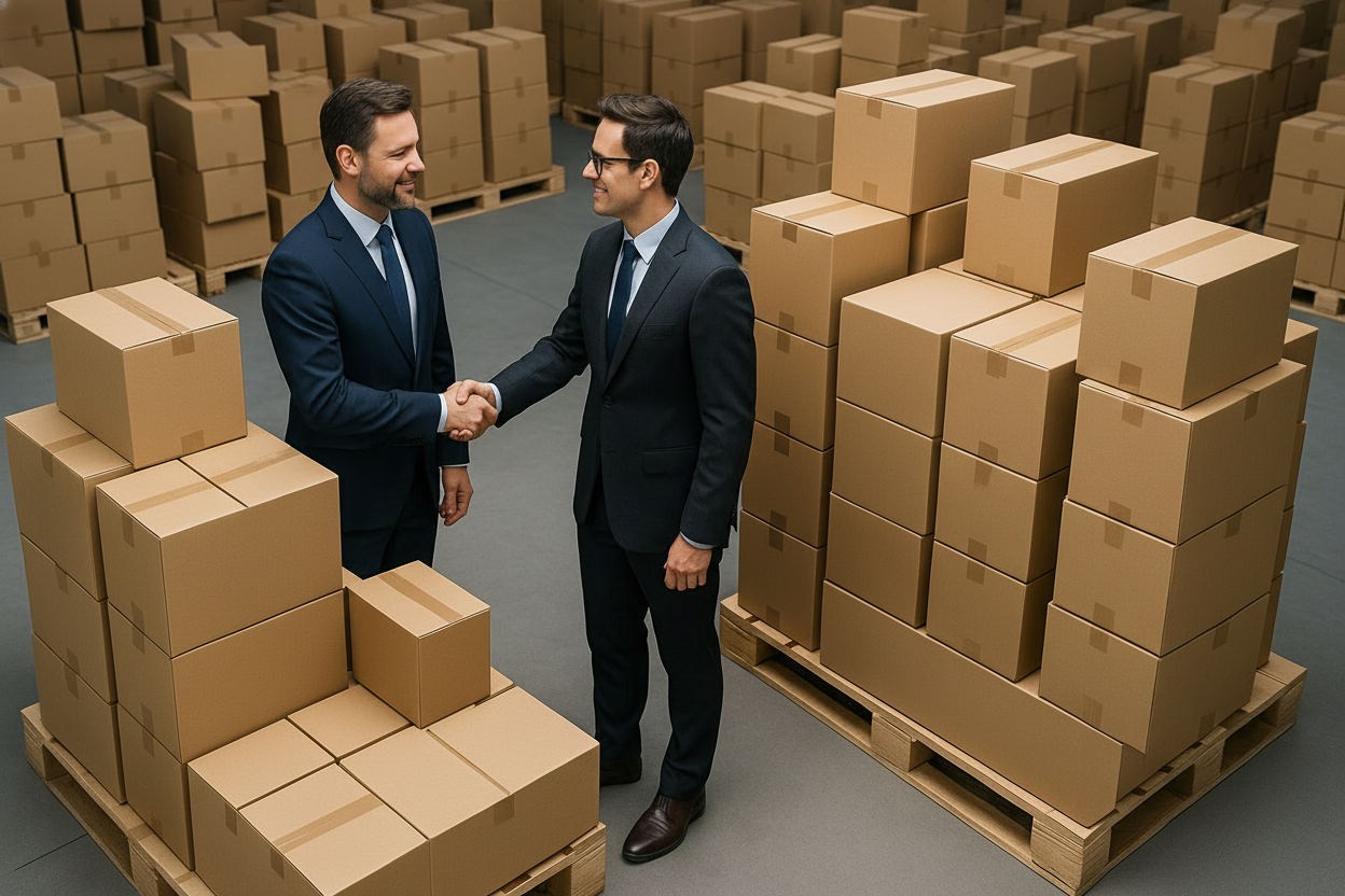 Two businessmen shaking hands in a warehouse filled with cardboard boxes.