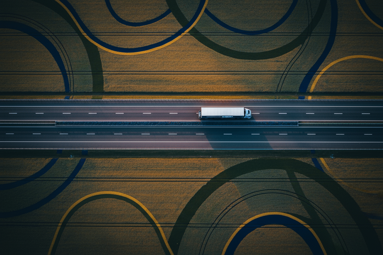 Wide aerial drone shot from above showing a horizontal highway cutting across open fields, with a small modern truck driving at the center. Professional cinematic tone, elegant composition, navy blue (#262e67) accents, symbolizing global movement and reliability.
